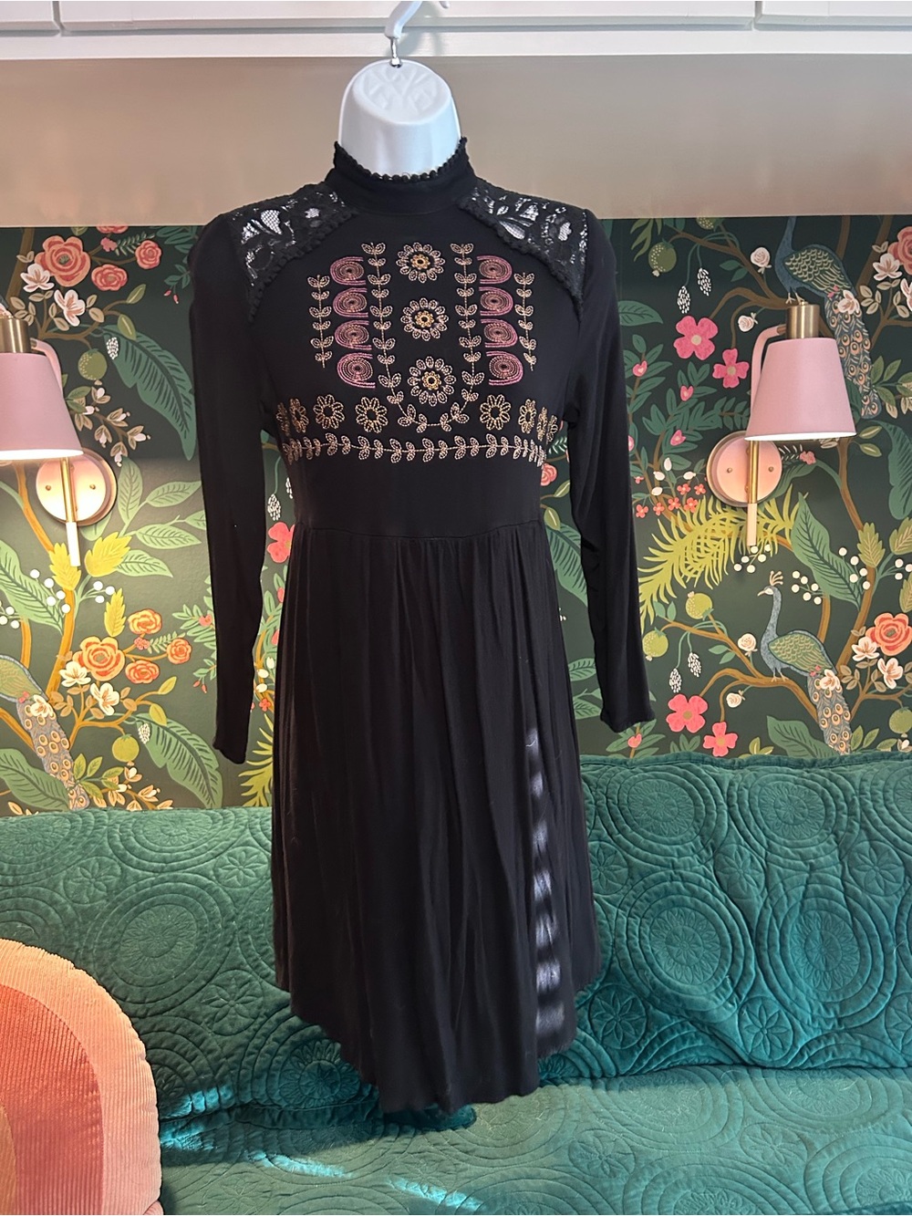 Xhilaration Black Long-Sleeve Embroidered Mock-Neck Dress